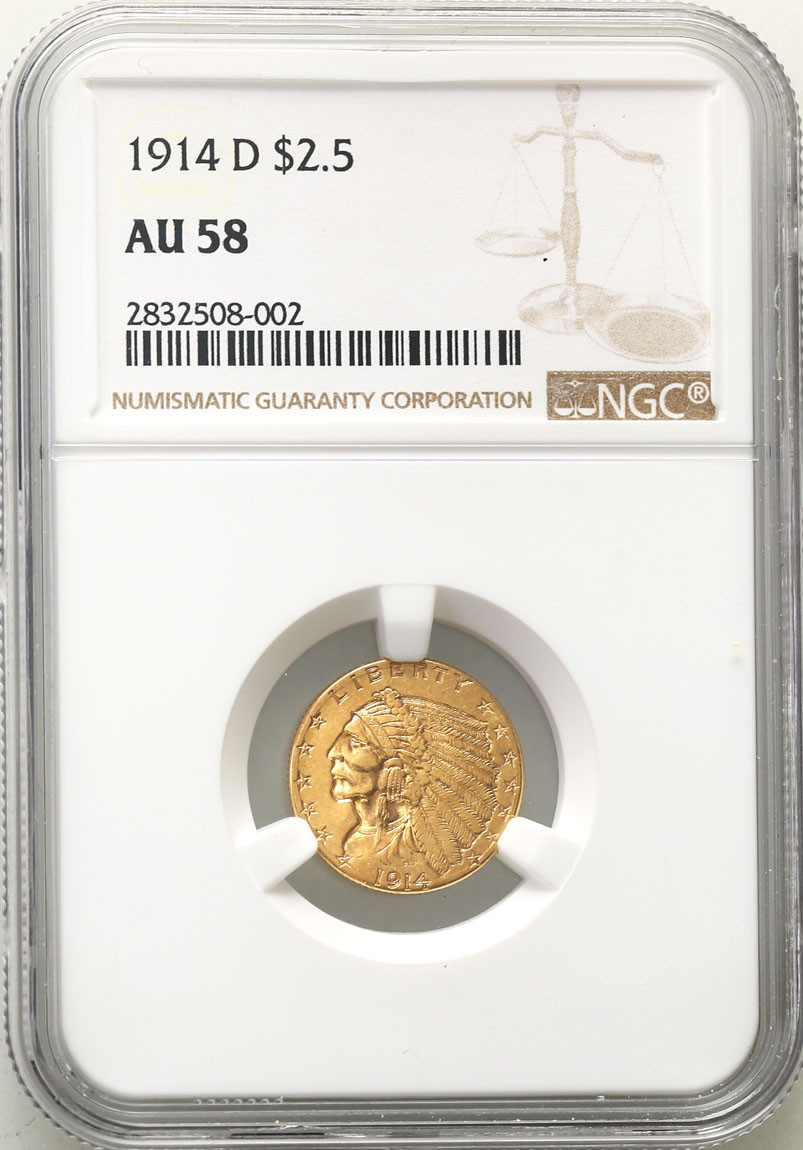 USA. 2,5 dolara 1914 Indianin, Filadelfia NGC AU58